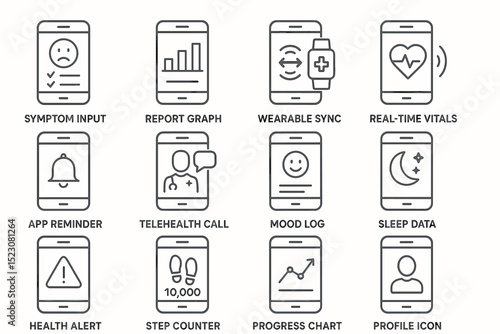 Mobile health app interface with icons for monitoring and telehealth features