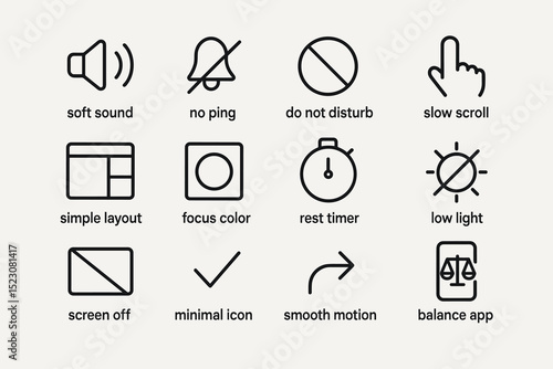 Minimalistic ui icons for soft sound, do not disturb, and more