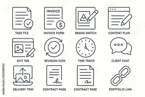 Business document icons: task, invoice, brand, content, contract, portfolio