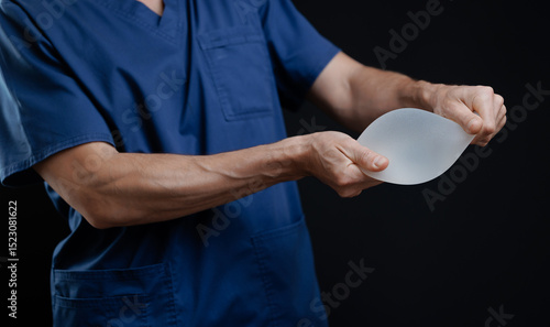 Tablou pe pânză Doctor tests for rupture and deformation silicone breast implant in plastic surg