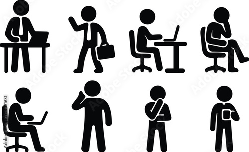 Stickman business and office workplace icons showing communication, collaboration, management, and job-related activities in silhouette style