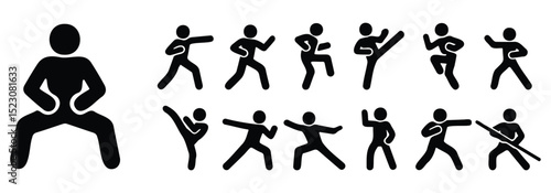 Stickman martial arts and combat action silhouette icons depicting various dynamic poses and fight techniques in black vector style