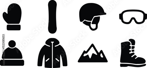 Winter and cold weather clothing icon set featuring coat, gloves, boots, helmet, and goggles in black silhouette style