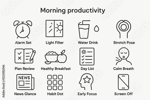Morning productivity routine icons illustrating health and focus strategies