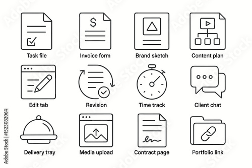 Business interface icons: task, invoice, brand, content, and more