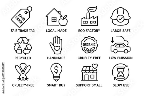 Sustainable product icons: fair trade, eco-friendly, handmade, organic, recycled