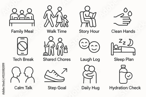Icons representing daily family activities and well-being routine elements
