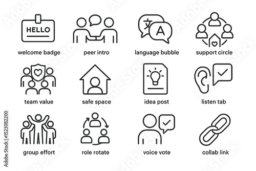 Icons representing communication, teamwork, language, and community concepts