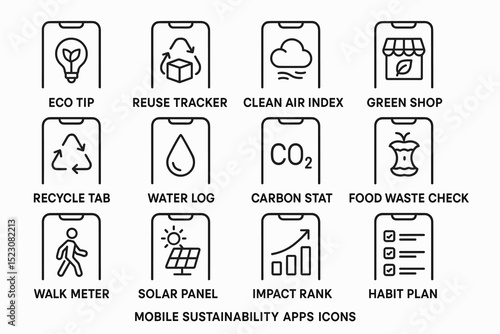 Sustainability mobile apps icons for eco-friendly living and environmental awareness