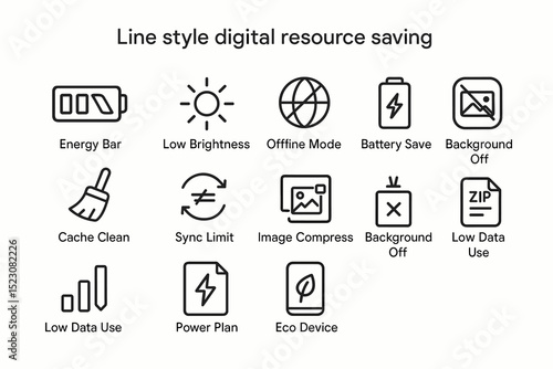 Line style icons for digital resource efficiency and energy saving options