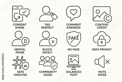 Social media etiquette icons: consent, respect, and privacy in digital interactions