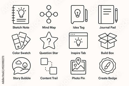 Creative concepts: sketch, mind map, idea, journal icons set