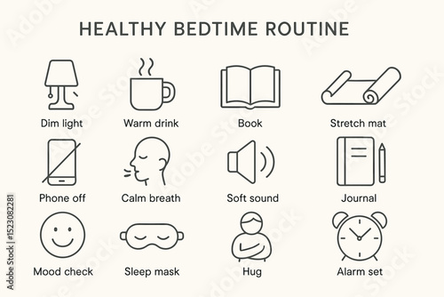 Healthy bedtime routine icons for better sleep and relaxation