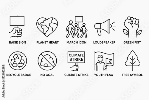 Icon set illustrating climate activism and environmental awareness symbols