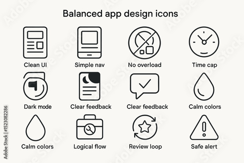 Balanced app design icons: ui, navigation, feedback, colors, alerts for user experience