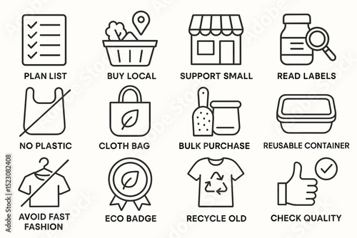 Sustainable shopping icons: buy local, reduce plastic, recycle, support small businesses