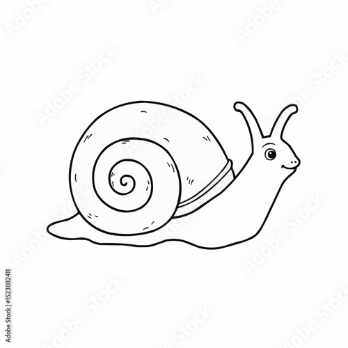 Coloring page, cartoon snail with a spiral shell crawling on the ground  