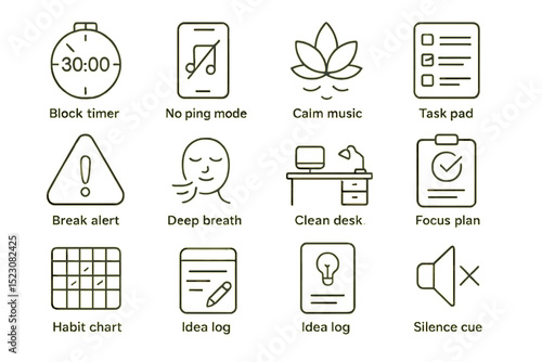 Productivity icons set: block timer, task pad, habit chart, no ping mode, break alert