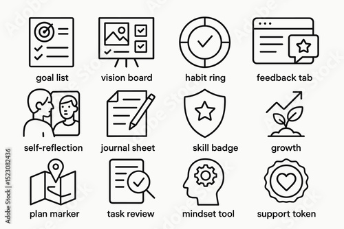 Icons for personal development: goal setting, vision planning, and habit tracking