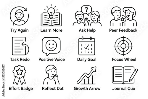 Educational icons set: learning, achievement, and self-improvement symbols