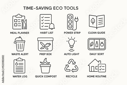 Time-saving eco tools icons: simplify your daily sustainable habits