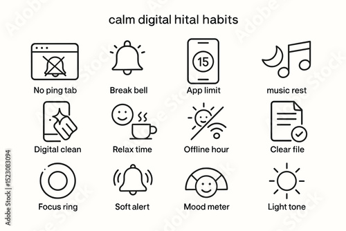 Calm digital habits icons: screen time management and relaxation