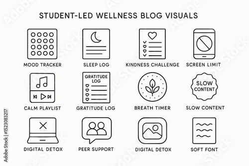 Student-led wellness blog visuals: mood tracker, sleep log, digital detox, peer support, gratitude log