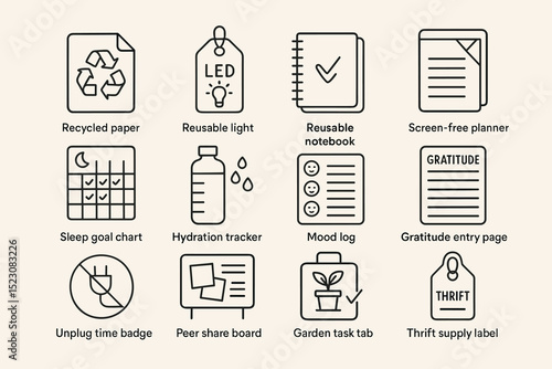 Eco-friendly icons collection featuring recycled paper and reusable products