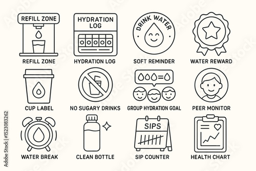 Hydration icons: refill zone, hydration log, water reminder, health chart
