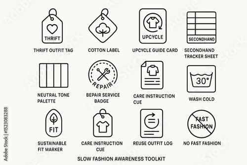 Slow fashion awareness toolkit icons for sustainable clothing practices
