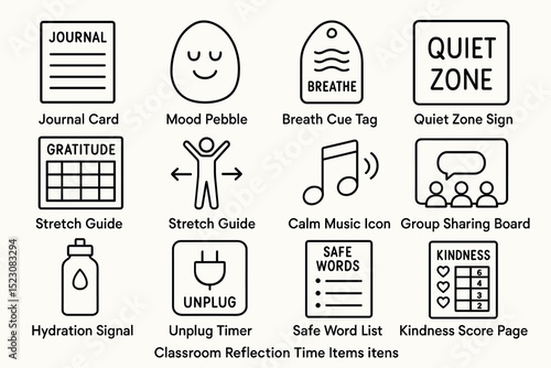 Calm classroom toolkit icons: journal, mood, breath, quiet, gratitude, stretch, music, sharing, hydrate, unplug, safety, kindness