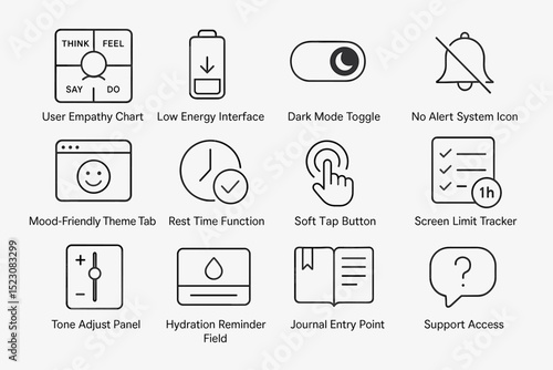 User interface icons: empathy, energy, dark mode, alerts, mood, rest, touch, screen limit, tone, hydration, journal, support