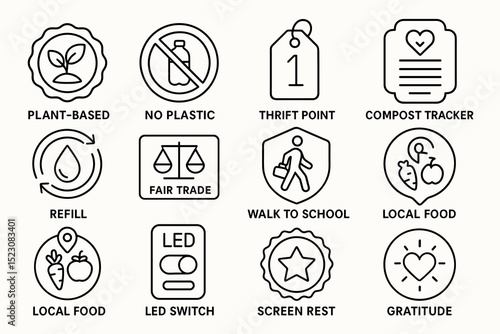 Eco-friendly icon set promoting sustainability and healthy living