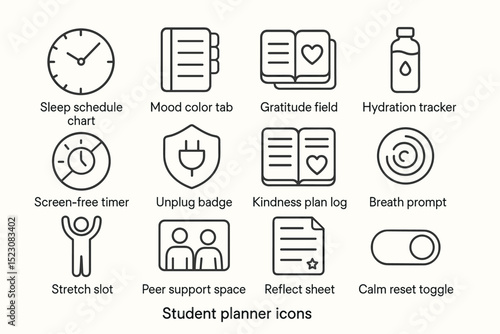 Student planner icons: tools for time management and wellness
