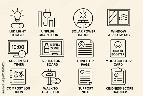 Eco-friendly icons: energy conservation, recycling, and wellbeing symbols