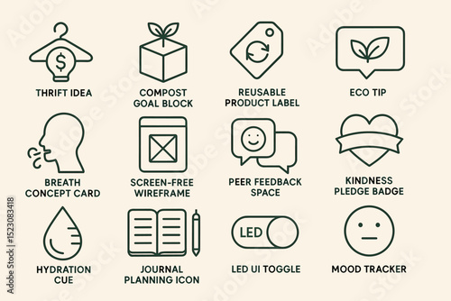Eco-friendly icons set for sustainable living and digital wellness