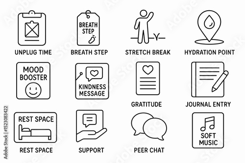 Icons for daily wellness: relaxation, hydration, and support symbols