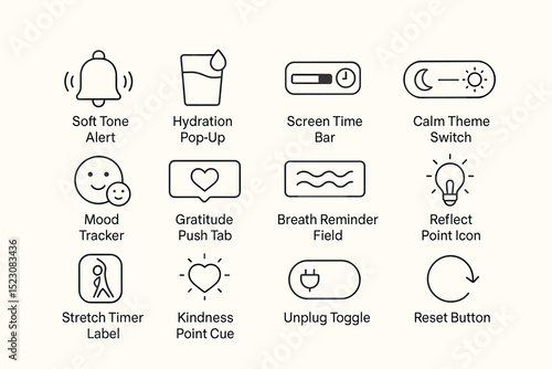 Mindfulness digital interface: hydration alert, mood tracker, kindness timer