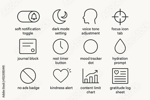 Minimalist interface icons for notifications, settings, and tracking