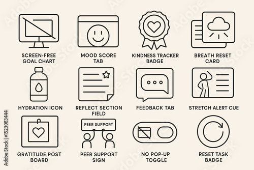 Icons for screen-free goals, mood scores, kindness, and wellness tracking