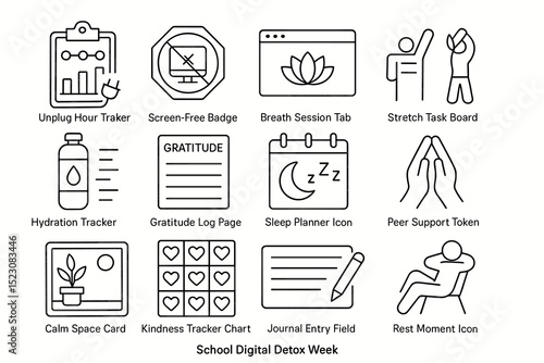 School digital detox week icons: mindfulness, gratitude, hydration, screen-free activities