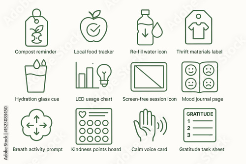 Eco-friendly lifestyle icons: sustainable practices and mindfulness tools