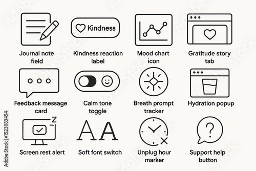 Wellness and productivity icons for digital wellbeing and mental health support