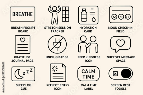 Wellness icons collection: breathing, stretch, hydration, mood, gratitude, sleep, calm, reflection