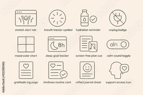 Collection of wellness and mindfulness icons for daily routine enhancement
