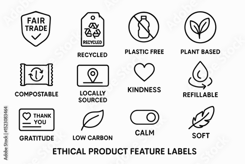 Ethical product feature icons: fair trade, recycled materials, and environmental symbols