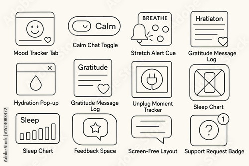 Mental wellness app interface with mood tracking and relaxation features