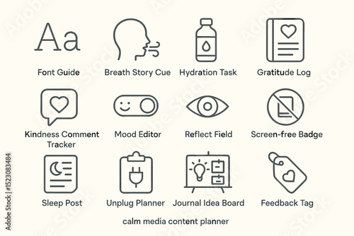 Calm media content planner icons: font, breathing, hydration, gratitude, kindness, mood, reflection, screen-free, sleep, unplug, journal, feedback