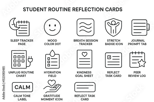 Student routine reflection tools and wellness tracker icons for personal growth
