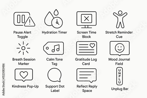 Wellness and productivity icon set for mindful tech use